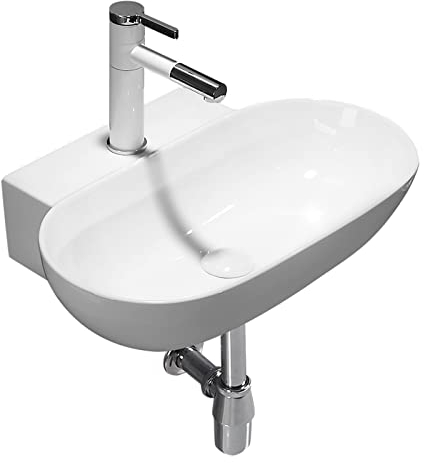 MOOWI Waschbecken 22-Zoll-Wandwaschbecken aus weißer Keramik, ovales Waschbecken, wandhängendes Porzellan-Keramikwaschbecken mit Wasserhahn und Abfluss Aufsatzwaschbecken