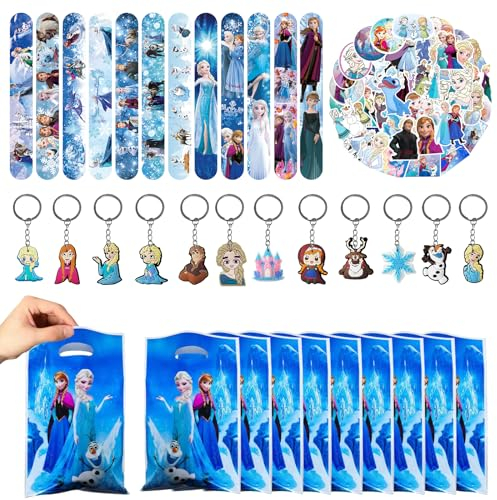 Biuebinc Frozen Kindergeburtstag Mitgebsel,12 Stück Schlüsselanhänger,12 Stück Armband,10 Stück Mitgebsel Tüten,50 Stück Aufkleber,Elsa Party Mitgebsel Kindergeburtstag Set,Geburtstag Mitgebsel Kinder