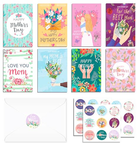 Geschenk für die Beste Mutter Grußkarten, 24-teiliges Set von Muttertag Themed Grußkarten, Faltende Postkarten mit Umschlägen und Aufklebern 8-Stile,zum Geburtstagskarte der Mutter Muttertag Karte