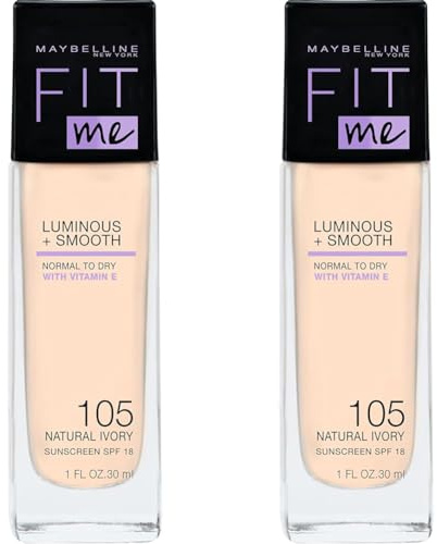 Maybelline New York Fit Me! Liquid Make-Up Nr. 105 Natural Ivory, flüssiges Make-Up, Foundation, die sich dem Hautton anpasst, natürliches Finish, leichter Glow (Packung mit 2)