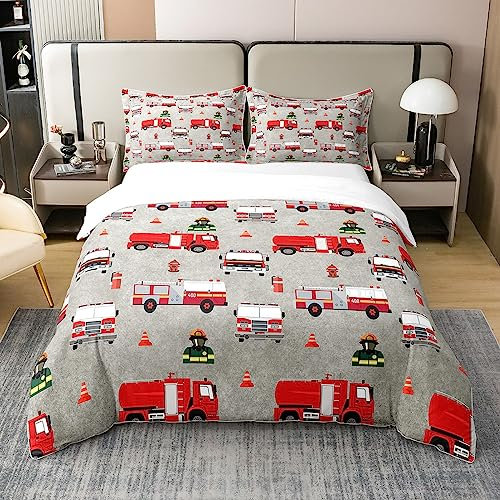 Loussiesd Feuerwehrmann 100% Baumwolle Bettwäsche Set 220x240cm Jungen Feuerwehrauto Feuerwehrmann Bettbezug Set Roter Feuerwehrwagen Vehie Muster Betten Set für Schlafzimmer Dekor Bettwäsche