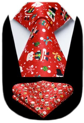 HISDERN Weihnachts Krawatte Herren Rot Lustig Weihnachtsmotiv Krawatte und Einstecktuch Set Xmas Party Festival Schlips Mode