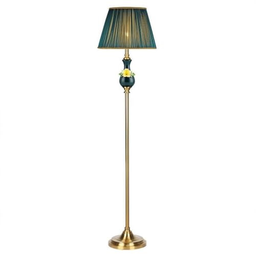 French Country Green Fabric Shade Floor Lamp Classical Decorative Standing Lamp for Living Room Bedroom Polished Metal Standing Lamp for Sofa Corner Reading Tall Floor Light with Vintage Des