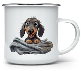 MAXIKIWI - Taza de camping esmaltada duradera para café o té para uso en interiores y exteriores, lindo perro salchicha divertido, 350 ml