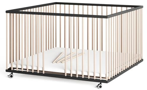 Sämann Laufstall Baby mit Matratze Cloud Air und Schlupfsprossen | TÜV geprüft | stufenlos höhenverstellbar | Laufgitter Premium | Babybett aus Holz | Krabbelgitter (schwarz/natur, 120x120 cm)