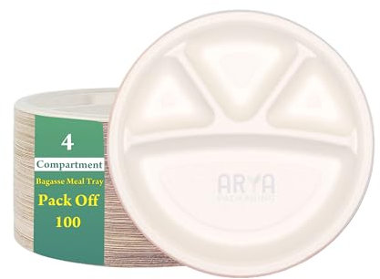 Arya PACKAGING Disposable Plates 11” inch 4 Compartment Round Plates, Sugarcane Bagasse Paper Trays, Perfect for Parties Picnics Family Dinners and Celebration Portion Control Plates. (Pack of 100)