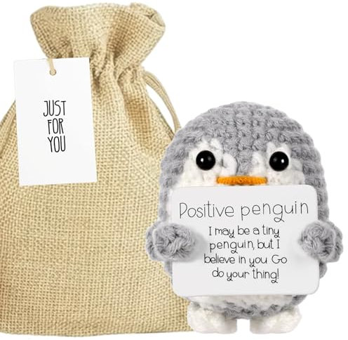 Positive Penguin Crochet Emotional Support Gift & Linen Gift Bag | Cute Positive Gifts, Pocket Hug | Inspirational Gifts For Women, Men, Friends, Work Colleagues | Good Luck, Mental Health