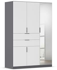 Rauch Möbel Norwich Drehtürenschrank, Kleiderschrank, Schrank, Garderobe 5-türig, 1 Spiegeltüre, 2 Schubladen, Farbe Weiß/Grau metallic, Griffprofil Grau metallic, 136x197x54cm