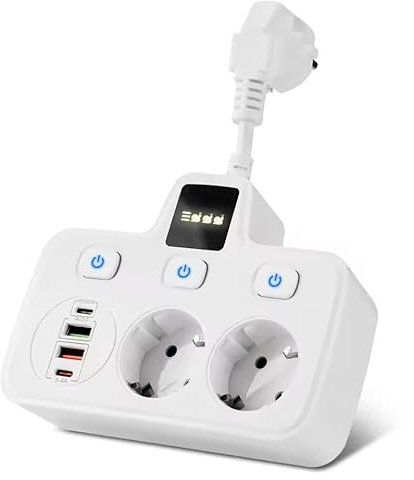 Multiprise avec USB, BOCHLION 2 Prises Multiprises avec Interrupteur Individuel et Lumière, PD20W et QC3.0 Multiprise Electrique Murale Prise Multiple 4 USB (3250W/13A) pour la Maison, Bureau-Blanc