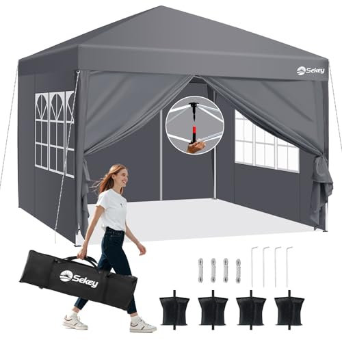 Sekey One-Touch Pop Up Gazebo with Sides 2m x 2m, Heavy Duty Gazebo with 4 Pack Gazebo Weights Bags, Instant Setup, Waterproof 1000mm (Grau, 2m x 2m with Sides)