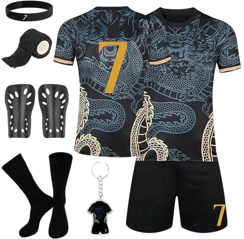 Madrid No 7 Trikot Kinder Set, Jungen Fußball T-Shirt Shorts, Football Socken, Schienbeinschoner, Fußbälle Jersey Schlüsselanhänger, Bracelet und Bandage, Gifts for Children