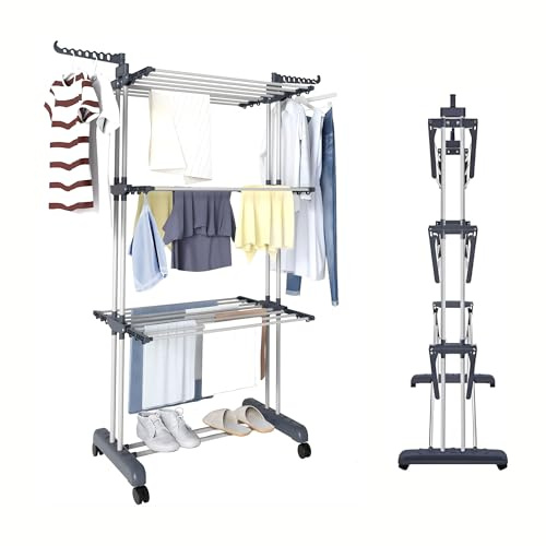 FROOBY Clothes Drying Rack, 4 Tier Foldable Drying Rack with Wings, Wheels, Heavy Duty Large Clothes Horse Laundry Drying Rack, Indoor Outdoor Use, Large Space Saver, Heavy Duty Stainless Steel
