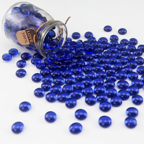 ginojex Perles en verre de 0,4 kg pour remplissage de vase, gravier d'aquarium, billes en verre plates, pierres précieuses, galets, pierres d'aquarium, roches décoratives pour la maison – Bleu cobalt
