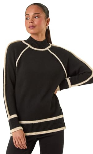 Roman Petite Contrast Ribbed Knit Jumper for Women UK - Ladies Everyday Autumn Winter High Neckline Comfy Soft Evening Vacation Work Party Night Out - Petite Black - Size 14