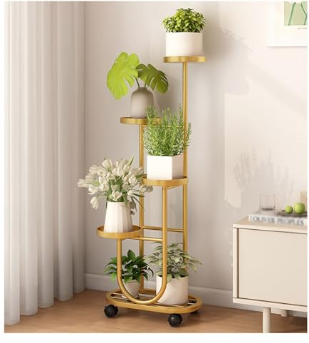 Pflanzenständer für drinnen und draußen, 5 Etagen, Metall, rollbares Pflanzenregal, bewegliches Blumenregal, D-Design für Garten, Ecke, Balkon, Gold-Finish