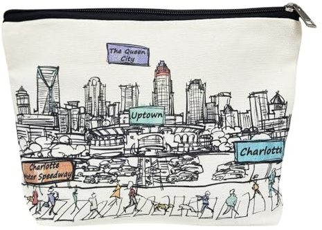 Beary Blu Cities Around the World Cosmetic Bag Series – Designed in USA, Travel Makeup Bag with Zipper, Souvenir Gift for Women, Cute City Artwork Organizer for Purse or Toiletry (Charlotte)