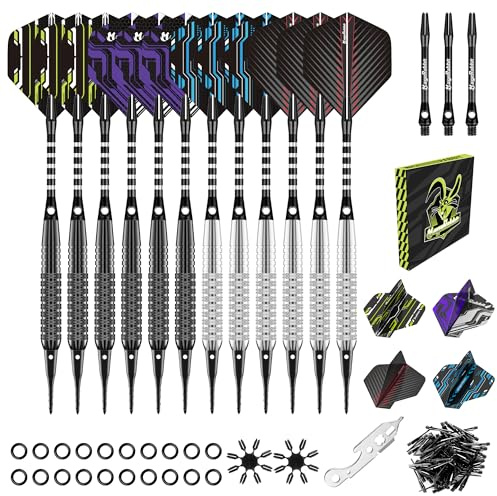 MageRabbit Dartpfeile mit kunststoffspitze für elektronische dartscheibe, 18 Gramm Profi Softdarts12 Stück mit 16 Flights + 30 Ersatzspitzen & Komplettset Dart Zubehör (Schwarz und Silber)