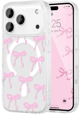 UEEBAI Bow Case for iPhone 17 Pro Max with Magsafe, Clear Pink | Built-in Magnets, Cute Slim Clear Aesthetic Pattern Pretty Phone Case for Women Girl Kid, Anti-Yellowing Translucent Cover