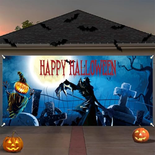 Halloween Außendeko Banner 480x210 cm - Furchterregende Deko für Zaun, Tor und Garagenwand - PVC Material mit Wetterfesten Eigenschaften - Drinnen Draußen Deko Halloween Booth Hintergrund Zeichen