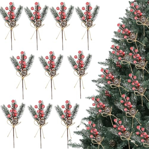 AYNKH 10 pezzi 7,87 pollici rosso bacche di Natale steli decorazioni artificiali spray bianco bacche picconi di pino con foglie di agrifoglio per albero di Natale ghirlanda ornamenti artigianali casa