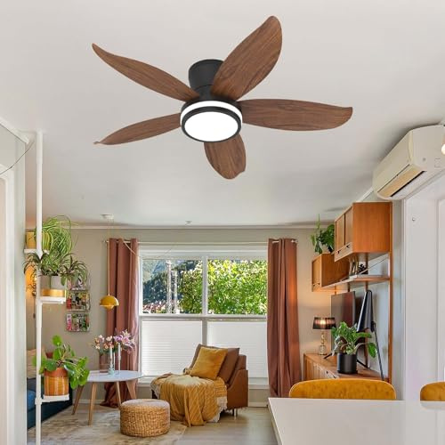 YFHKWJ 88CM Ventiladores Para El Techo Con Lámpara Y Mando A Distancia LED Dimmable, Motor DC Silencioso 6 Velocidades Plafon Led Ventilador Para Dormitorio Salón Comedor-Brown Wood Grain