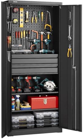 VEVOR Armario Metálico para Garaje 76x38x180 cm con Patas Niveladoras, Estantes Ajustables, 2 Cajones, 2 Puertas, Cerradura, Panel Perforado, Carga 81,5kg por Estante para Almacenamiento Hogar Oficina