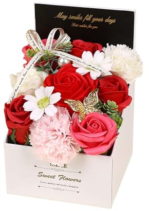 Viahsen Seifenblumenstrauß, Seifenblumen-Geschenkbox, Rosen Seifenblume Deko Geschenkbox, Duftseife Einzigartiges Muttertagsgeschenk Aus Künstlichen Blumen für Jubiläum Hochze, Rot