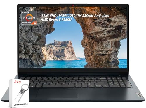 Lenovo IdeaPad 1 15.6 FHD (1920x1080) IPS 300nits Anti-Glare Display, Ryzen 5 7520U, 8GB RAM, 1TB Storage, AMD Radeon 610M, Wi-Fi6, Bluetooth, Win11, Artic Grey, with 2TB Flash Drive, W/GaLiMu