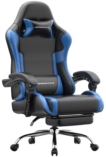 Gaming Stuhl Bürostuhl Gaming Sessel mit höhenverstellbaren Linkage-Armlehnen, ergonomischer Gamer Stuhl mit Fußstütze, gepolstert Gaming Chair 150° neigbar bis 180 kg, Blau