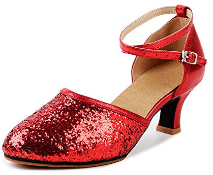OCHENTA Womens Sequined Leather Pointed Toe Kitten Heel Latin Ballroom Dance Shoes