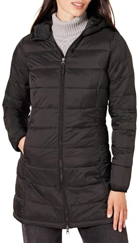 Amazon Essentials Abrigo Acolchado con Capucha, Ligero e Impermeable (Disponible en Tallas Grandes) Mujer, Negro, L