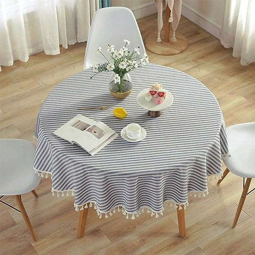 meioro Gestreifte Tischdecke Rund Outdoor Küche Tischtuch, Blaue, R120cm | Blaue/Weiße Streifen Abwaschbare Tischdecken, Dekorative Tischwäsche mit Quasten, Esszimmer Tabletop Boho Küche Table Cloth