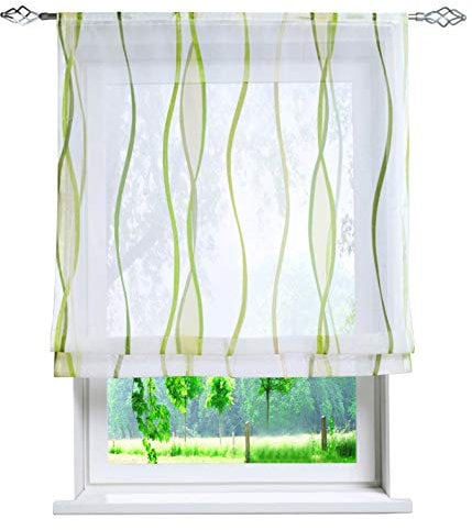 Voile Raffrollo mit Wellen Druck Design Rollos Schlaufen Transparent Vorhang (BxH 100x140cm, Grün mit Tunnelzug)