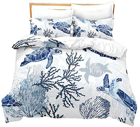 Loussiesd Blaue Schildkröte Bettbezug-Set Weiß Blau Ozean Thema Bettwäsche-Set King Meerestiere Schildkröten-Druck Mikrofaser Polyester Bettdeckenbezug mit 2 Kissenbezügen, Unterwasser Meeresleben 3