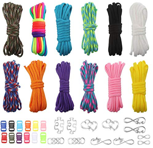 upain 12 Stück Paracord Schnur 550 Paracord Seile Schnüre DIY Armband Bänder Set mit 12 Quick Release Schnallen 12 Anhänger für Armbänder Schlüsselanhänger Hundehalsband Leine Outdoor-Aktivitäten