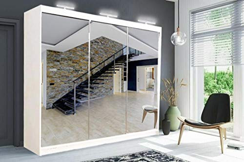 Modern Milan 2 and 3 Sliding mirror door wardrobe in white color and 6 sizes (250 cm)