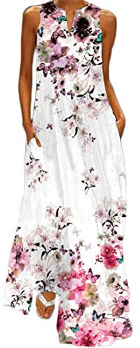 WINKEEY Damen Maxikleid Schmetterling Blumen Drucken V-Ausschnitt Böhmischer Plus Size Sommerlanges Kleid mit Taschen, Kirsche1 XL