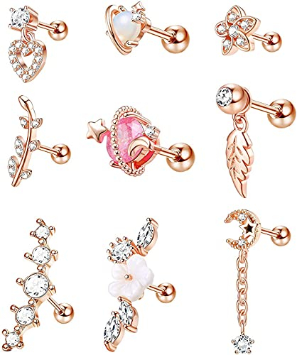 CASSIECA 9 Stück 16G Ohr Piercing Set Rose Gold - Helix Tragus Ohrringe für Frauen - Chirurgenstahl Schmetterling Blume Knorpel Ohrstecker
