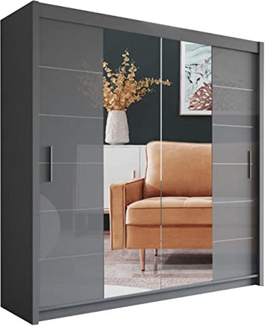 MN Furniture Modern Double Sliding Door Wardrobe 2 Mirrored Hanging Rails & Shelves Storage Cabinet for Bedroom (180cm, Lisbon Grey)
