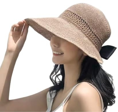 Chapeau de Soleil Protection Soleil Anti-UV Large Bord Pliable Chapeau Visière Enroulable en Paille Capeline Plage Casquettes Serre-Tête pour Loisirs Vacances Piscine Femme Kaki