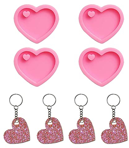JIHUOO 4 Pcs Heart Shape Keychain Molds Silicone Resin Molds Fondant Mold Chocolate Candy Mould Valentine's Day Love Molds with Key Rings