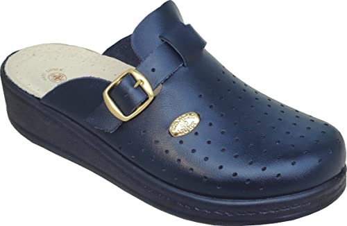 Sanital Light 1372 - Damen Hause Pantolette in Leder mit Gurt - Einlegesohle in Leder Anti-Shock - 100% Hergestellt in Italien - BLAU 36