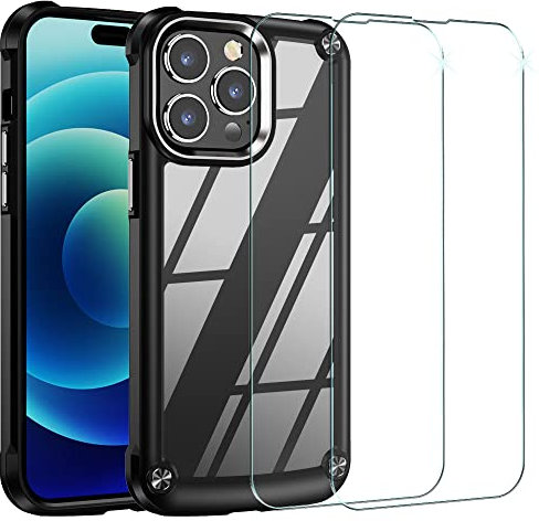 TECHGEAR iPhone 14 Pro Tough Case, [Fusion Armour] + 2 Pack Glass Screen Protector, Premium Hybrid Rugged Protective Bumper Case Heavy Duty Protection, Clear Back Designed For iPhone 14 Pro - Black