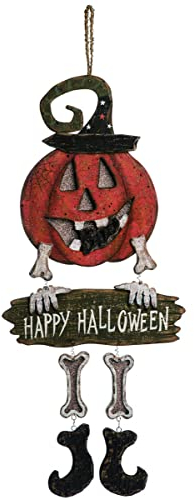 horror-shop Happy Halloween Kürbis Skelett Holz Dekoschild