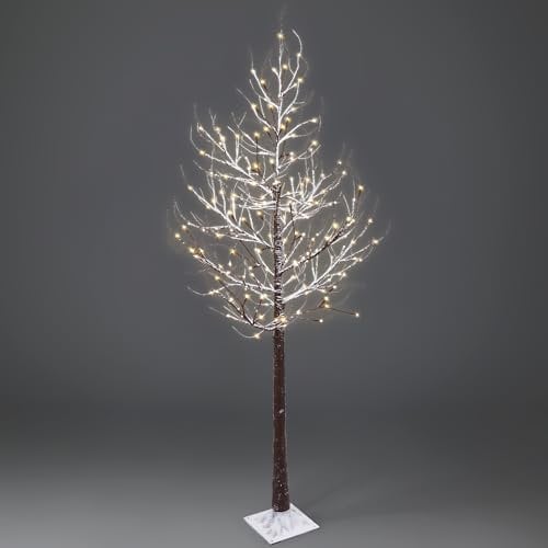 NETTA 6FT Birch Twig Tree with 160 Warm White LED Lights, Snow Effect, Auto-Off Timer and 8 Lighting Modes, 3M Power Cable, Suitable for Indoor or Outdoor Use - Brown