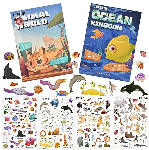 Vicloon 2pcs Wiederverwendbare Stickerbuch, Reusable Sticker Tiefseereich/Tierwelt Farbig Aufkleber, Kleinkinder Sticker für Geburtstag Weihnachten Geschenk für Kinder 2-6 Jahren