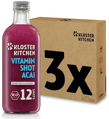 Kloster Kitchen Bio Ingwer Shot Acai, 360 ml (3er Pack) | 12 Shots je Glasflasche, mit echten Ingwerstückchen, vegan, süß-scharf ohne Zusatzstoffe, (inkl. 0,75€ EINWEG Pfand)
