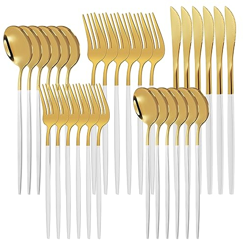 Besteck Set für 6 Personen, 30 teilig Essbesteck Set, Bestehend aus Messern, Gabeln, Löffeln, Edelstahl, Spülmaschinenfest, Camping Besteckset, Outdoor (Gold und Weiß)