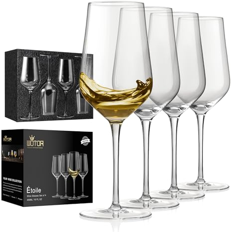 WOTOR Juego de 4 copas de vino tinto y blanco de cristal soplado a mano con tallo largo, 425ml, con gran embalaje de regalo, ligeras, grandes y modernas