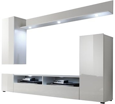 AVANTI TRENDSTORE Bordano - Parete attrezzata in legno laminato nel colore bianco e bianco lucido con armadio grande e mobile TV spazioso. Dimensioni LxAxP 208x165x33 cm